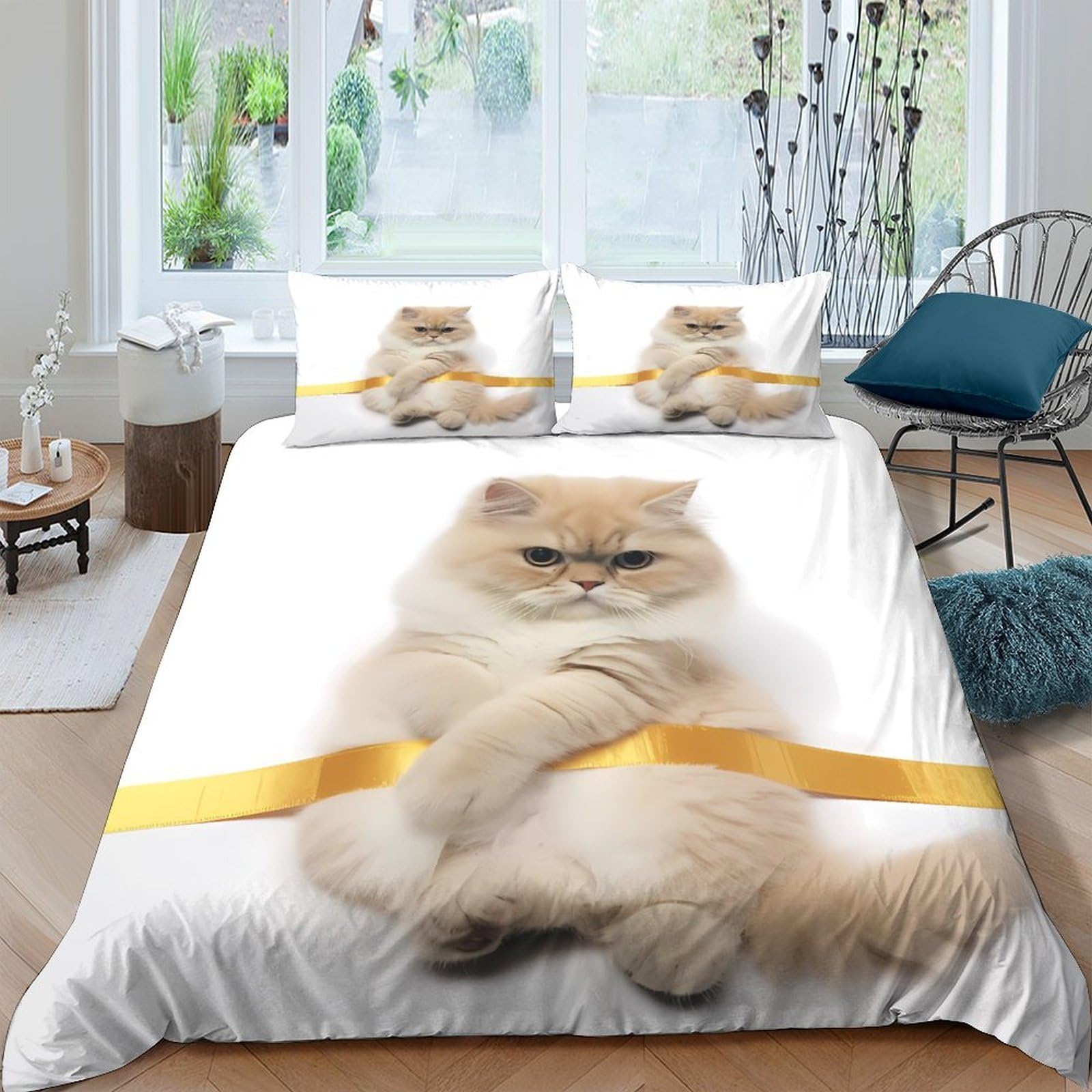 TUFRTGYHN 3D Printed Fluffy Cat Duvet Cover Set Microfiber Soft Breathable Persian Kitten Quilt Cover with 2 Pillowcases for Bedroom Decor Single（135x200cm）