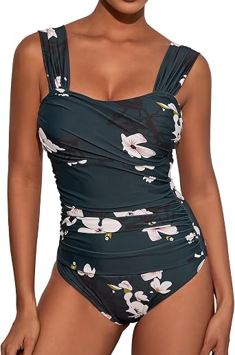Womens Square Neck Tummy Control Ruched One Piece Bathing Suit | Fixed Wide Straps, Removable Soft Cups, Quick-Dry Stretch, Modest, Swimsuits for Beach, Pool & Water Sports