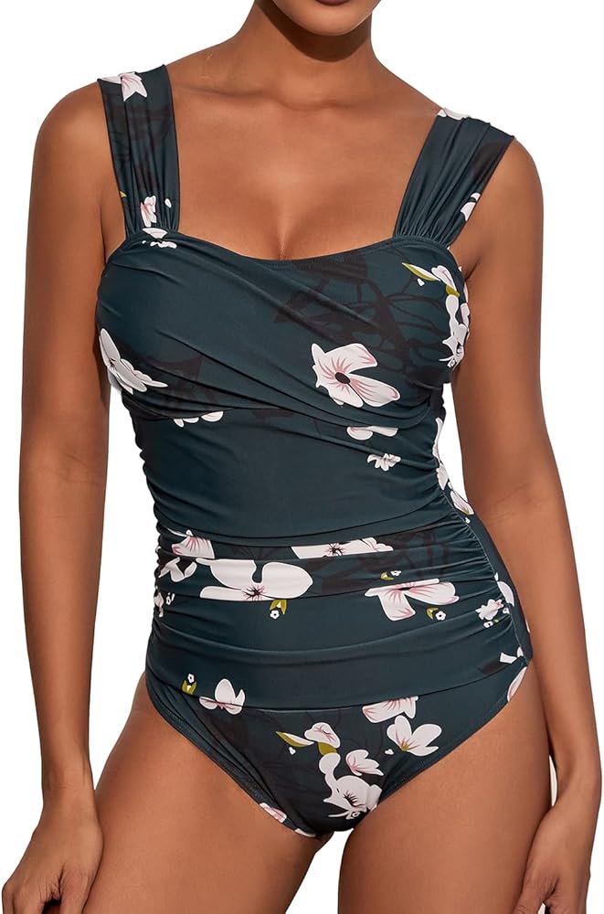 VECENEY女性束腹泳装方领褶皱泳衣