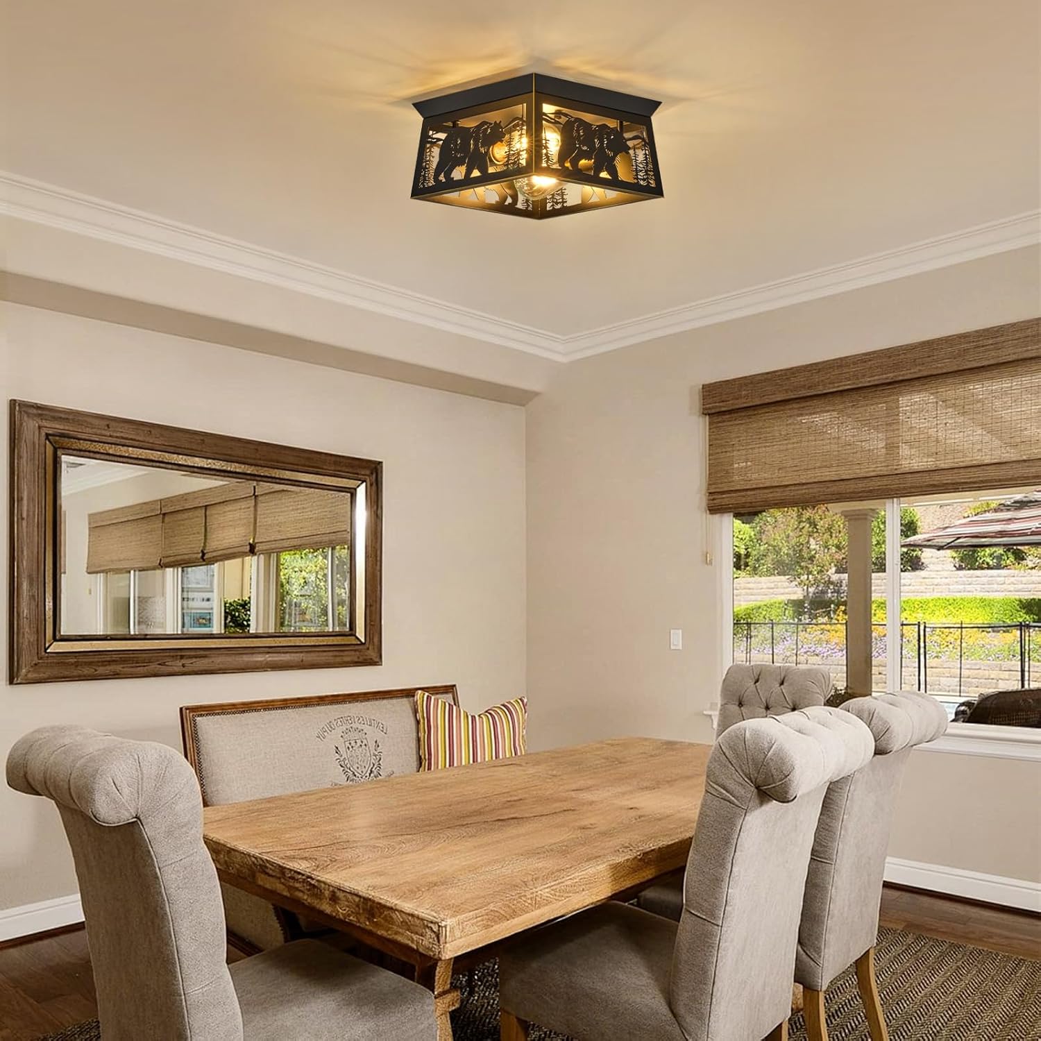 Rustic Bear & Tree Flush Mount Ceiling Light, 2-Light Black Metal Farmhouse Cage Fixture, Vintage Industrial Forest Wildlife Lodge Cabin Lighting for Entryway, Hallway, Kitchen, Bedroom, E26 Base