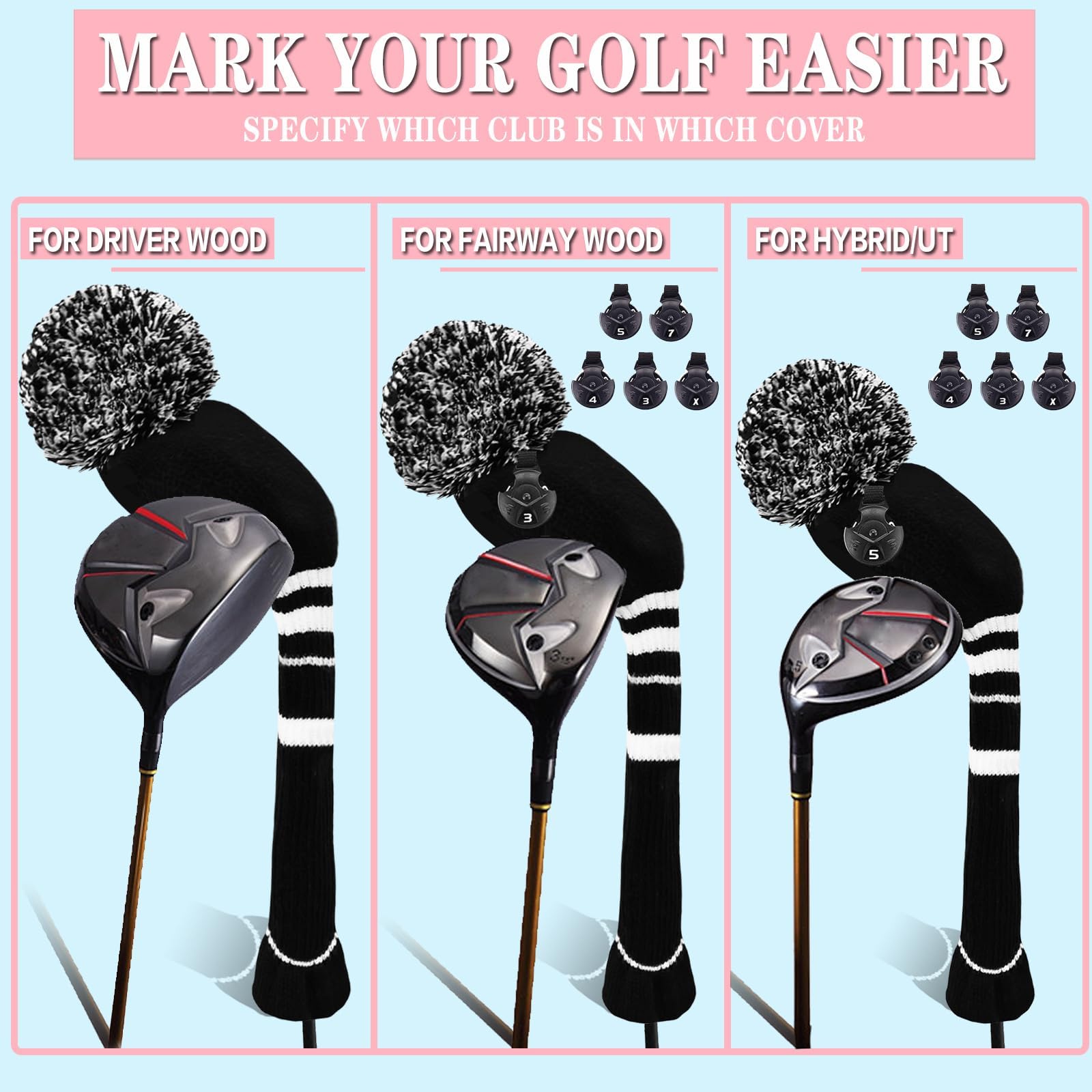 Schlägerkopfhüllen für Driver Fairway Holz Hybrid Golfschlägerhaube Golfschlägerhauben Golf Headcover Set, Schlägerhauben Club Covers Austauschbaren Nummernschild 1 3 5 7 X