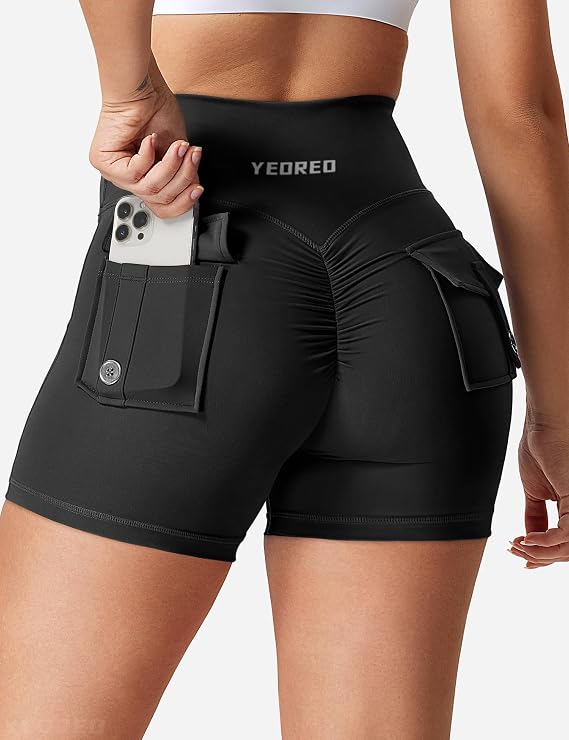 YEOREO CoreFlex Scrunch Workout Shorts with Pockets Charm Gym Biker Shorts for Women High Waisted Booty Yoga