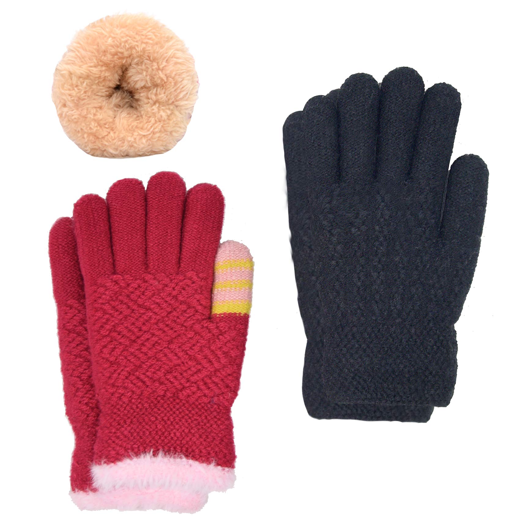 FENELY Winter Gloves for Boys Girls - Kids Warm Knit Thermal Cable Knitted Gloves Wool Fleece Lined Mittens for Cold Weather