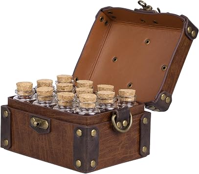 HiiFeuer Medieval Faux Leather Alchemy Box with 12 Cork Potion Vials, Fantasy Portable Crossbody Bag Jewelry Dnd Dice Holder Brown A