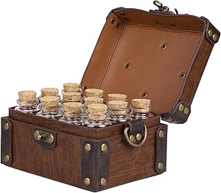 HiiFeuer Medieval Faux Leather Alchemy Box with 12 Cork Potion Vials, Fantasy Portable Crossbody Bag Jewelry Dnd Dice Holder (Brown A)