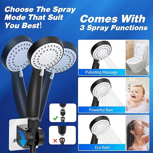 Miniatura 4 de Cabezal de ducha de mano de alta presión para baño con soporte y manguera de acero inoxidable de 59 pulgadas, cabezal de ducha de mano de alto flujo