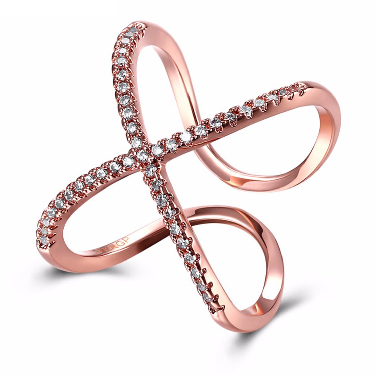 Rose Gold Plated Adjustable Cross Wedding Cross Band Ring Studded With Cz Stones For Girls And Women FR1000921