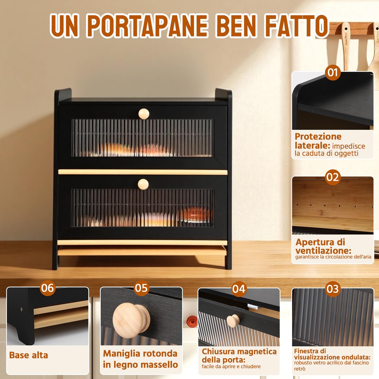 HAUSPROFI Scatola per il Pane in Bambù 2 Ripiani, Scatola per Pane in Legno con Tagliere, Ventilazione, Finestra Ondulata Trasparente, Elegante, 40x25x40cm Grande, Nera