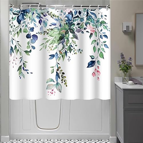 Miniatura 2 de Cortina de ducha corta, cortina de ducha impermeable de eucalipto verde y azul primavera con ganchos para bañera o peldaños en la bañera, 72 x 66