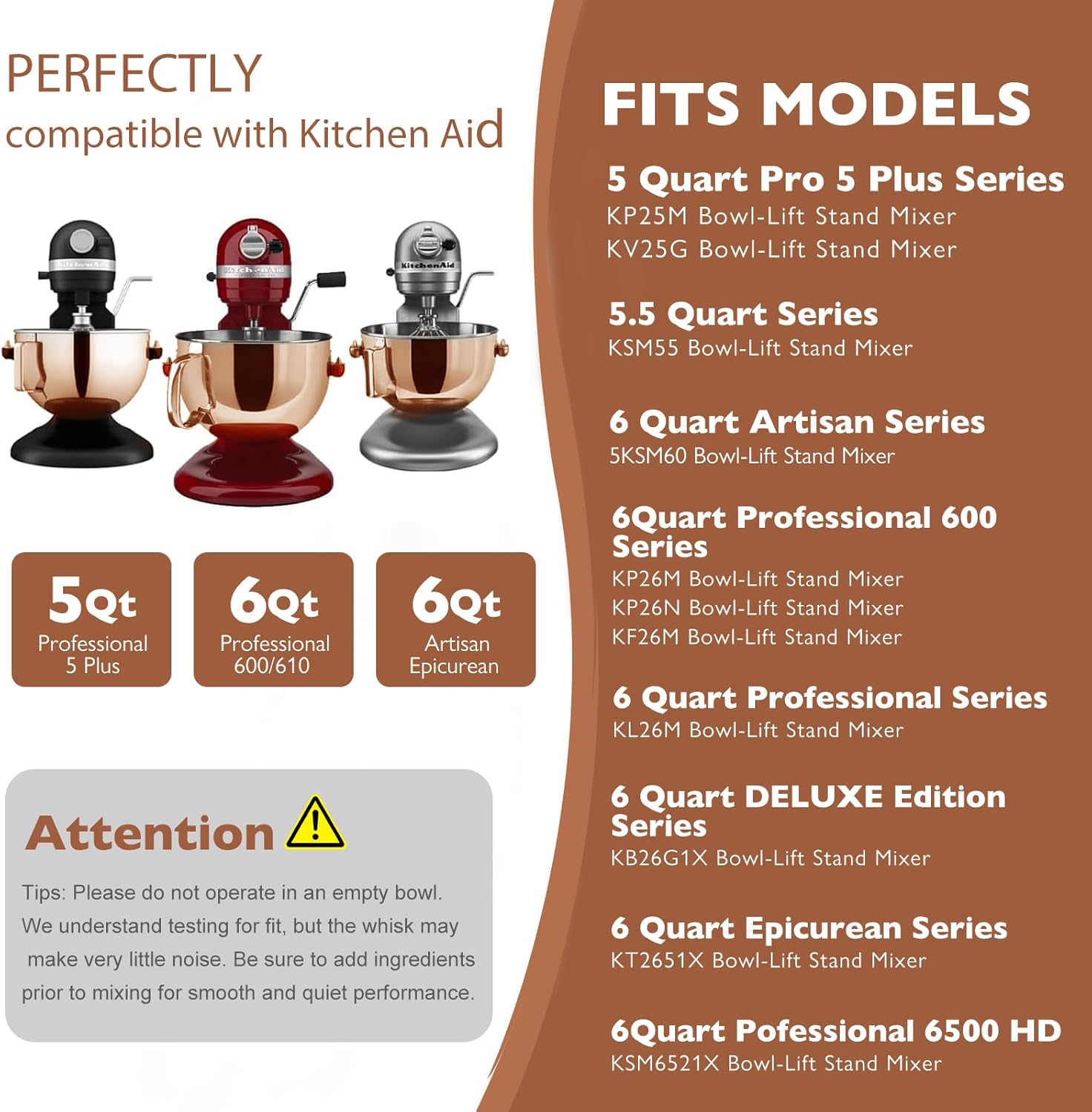 Copper Color Stainless Steel Mixer Bowl, Compatible with KitchenAid Series 5.5-6 QT Lift Stand Mixer, Suitable for KV25, KV25，KP26, KB26, Dishwasher Safe, Heavy Duty, No Residue, Ergonomic Handle