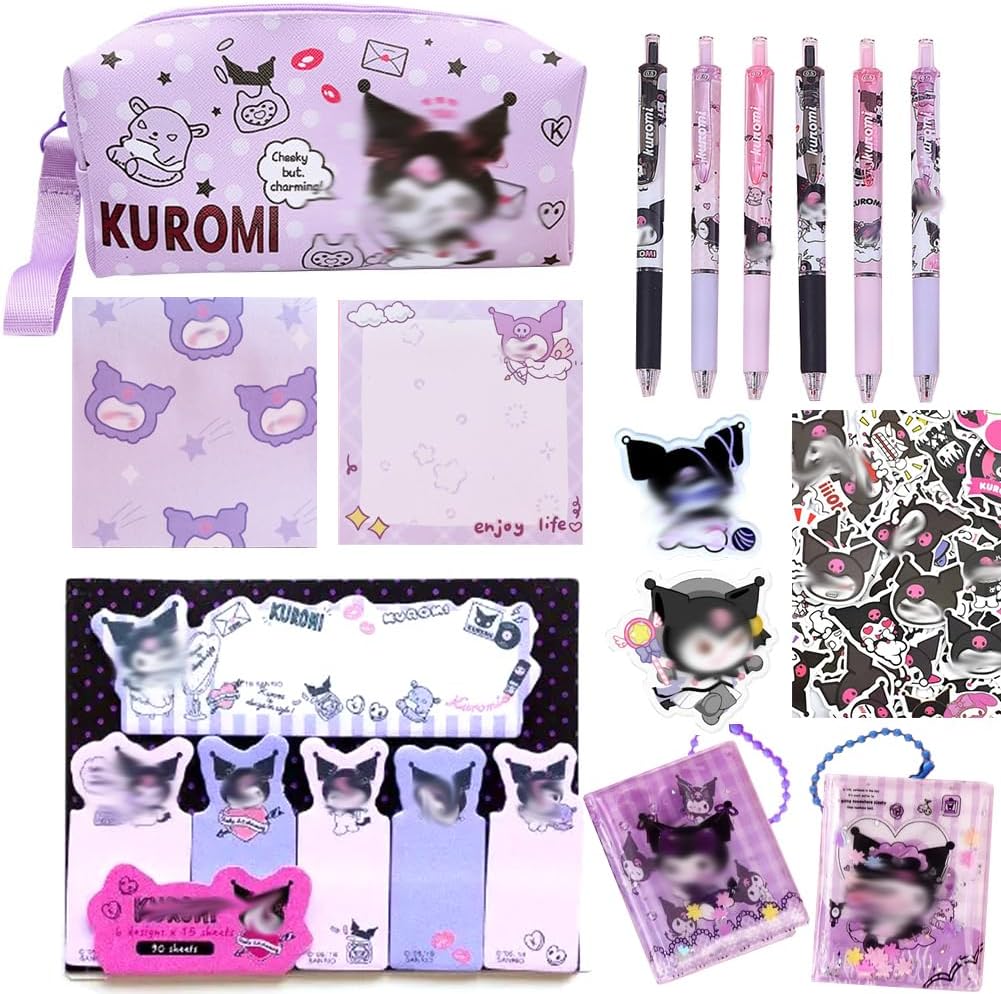 Cute School Supplies Kawaii Anime Cartoon Stationery Gift Set Office Supplies, Includes Pencil Case, Ballpoint Pens, mini notepad, Sticky Note, Stickers, Pins, for Girls (purple)