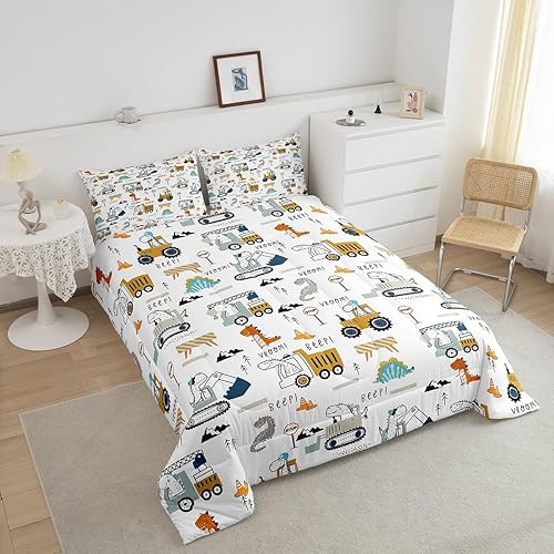 Miniatura 3 de Feelyou Juego de ropa de cama de construcción, tamaño individual, con equipamiento de camiones, para niños y niñas, decoración de dinosaurios,