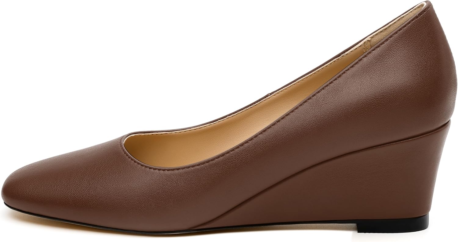 WAYDERNS Closed Toe Wedge Heels for Women Professional Slip on Work Pumps with 2.5 Inch Heel Comfortable Square Toe Office Dress Shoes