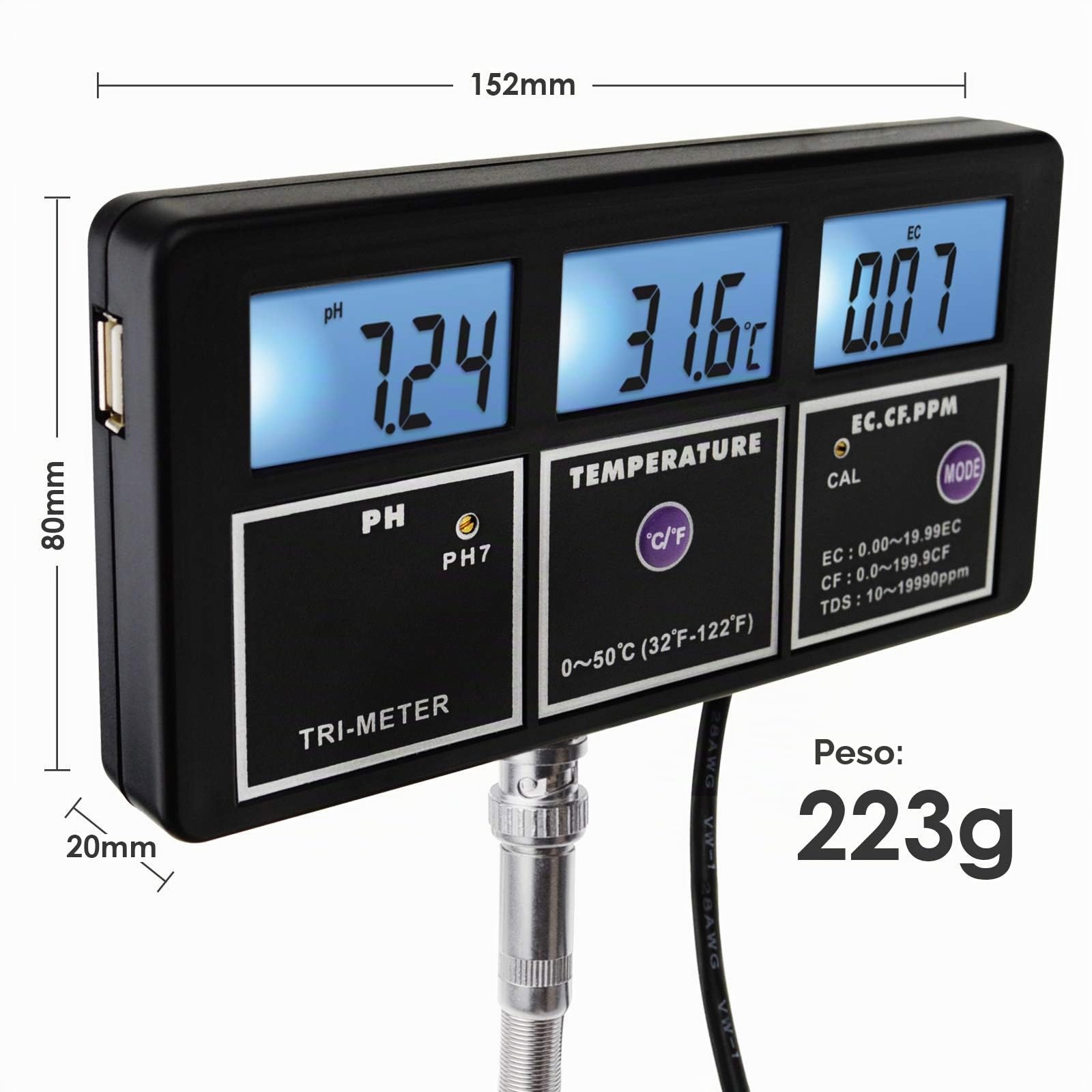 5-en-1 Calidad Del Agua Multi-parámetro PH EC CF TDS (ppm) Medidor De Temperatura Retroiluminación, Probador Continuo Recargable De Montaje En Pared, Tanque De Peces De Piscina Hidropónico