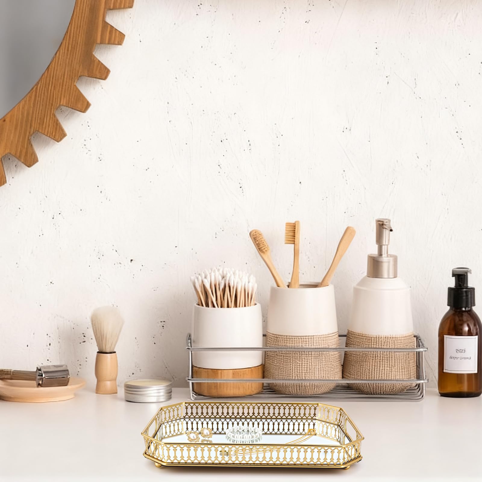 2 bandejas de perfume doradas, bandeja decorativa de espejo de 2 tamaños con asas, organizador decorativo de perfume y maquillaje con asas para tocador, baño o exhibición de joyas