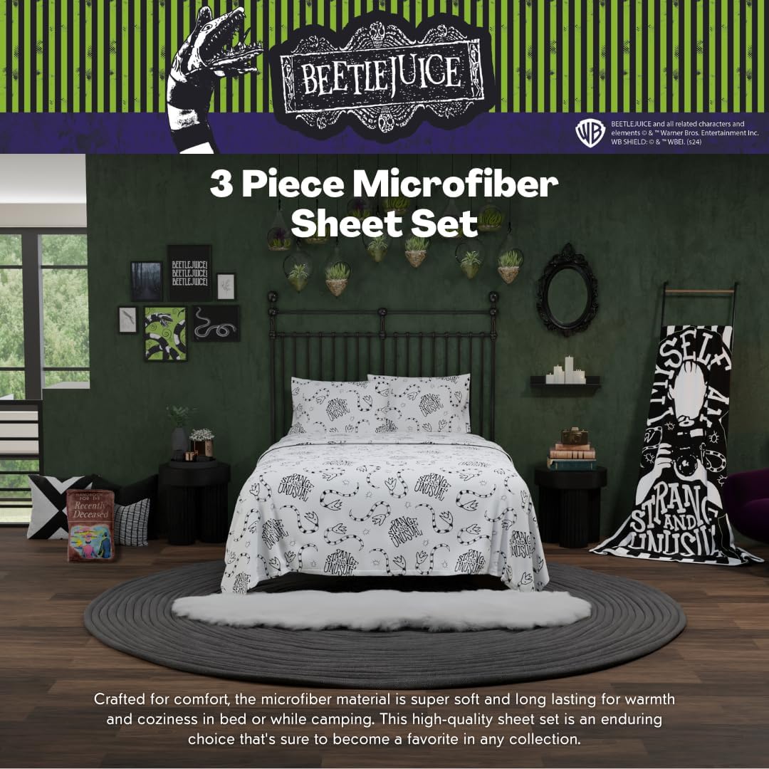 Beetlejuice Halloween Bedding Super Soft Microfiber Twin Sheet Set, College Dorm Essentials, (Officially Licensed Product) by Franco