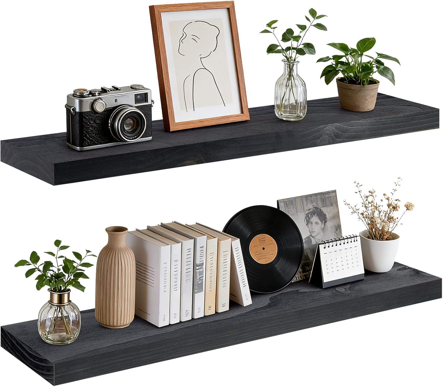 Floating Wall Shelf 16x6.8x1.7 Inch – Solid Wood Shelf in White Finish – Wall Mounted Rustic Display Organizer for Bathroom, Kitchen, Bedroom, Small Spaces – Set of 3