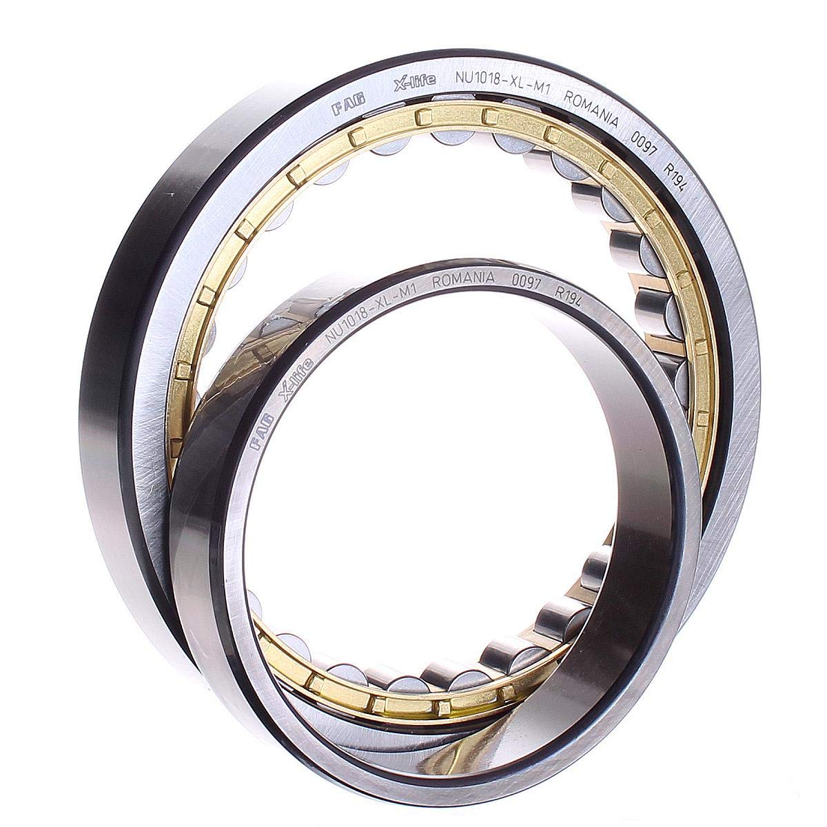 FAG Bearings NU1018M1 Single Row Cylindrical Roller Bearing, Straight Bore, Removable Inner Ring, Standard Capacity, Brass Cage, Normal Clearance, 90mm ID, 140mm OD, 24mm Width