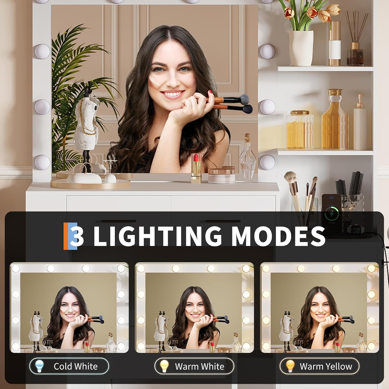 GarveeHome Makeup Vanity with Lights and Mirror, 41" Vanity Desk with Stool and Outlets, Lighted Vanity Table with 10 Bulbs, 3 Color Modes, 5 Drawers, Hair Dryer Holder for Bedroom,White