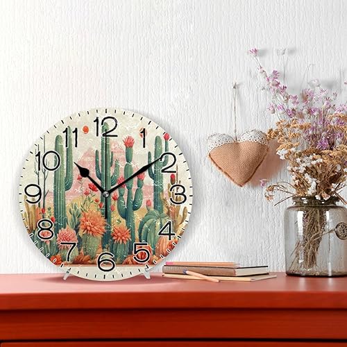 Miniatura 2 de Cactus in Desert3 - Reloj de pared con pilas, sin tictac, silencioso, de cuarzo, analógico, rústico, estilo rural, redondo, decoración retro para el