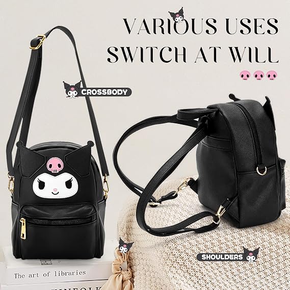 Kuromi Backpack PU-Leder-Rucksack Kuromi Umhängetasche Sanrio Bag for Girls With Cute K-uromi Bag black Anime Theme Children's Backpacks