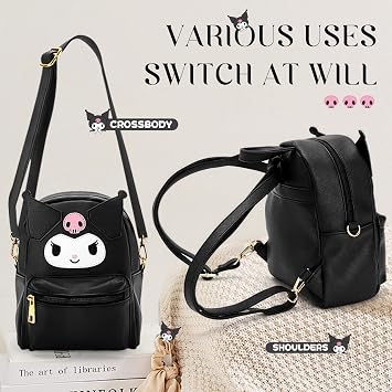 Kuromi Backpack PU-Leder-Rucksack Kuromi Umhängetasche Sanrio Bag for Girls With Cute K-uromi Bag black Anime Theme Children's Backpacks