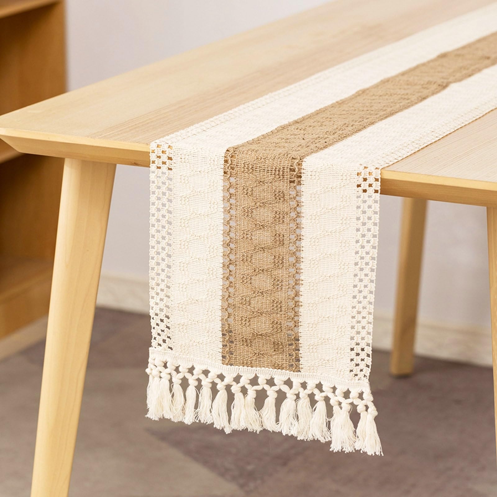 Tischläufer Hochzeit Baumwollleinen, Tischläufer Landhausstil 30x220 cm, Zweifarbig Gewebt mit Quasten