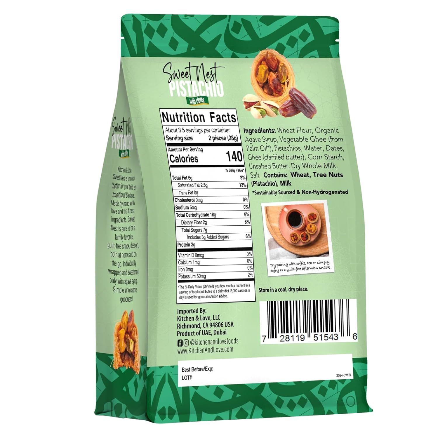 Kitchen & Love Sweet Kunafa Nests Pastry Snack, Pistachio & Dates, Individually Wrapped Single Serve, 4 x 3.5 oz