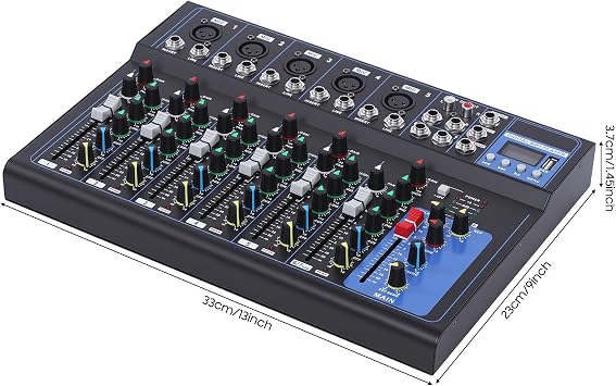Audio Mixer Channel, Professional 7 Channel DJ Audio Mixer, Bluetooth Portable Audio Mixer with 48V Phantom Power, LCD Display, USB Audio Interface und 6 Music Modes, for Studio Stage Party Home Recor