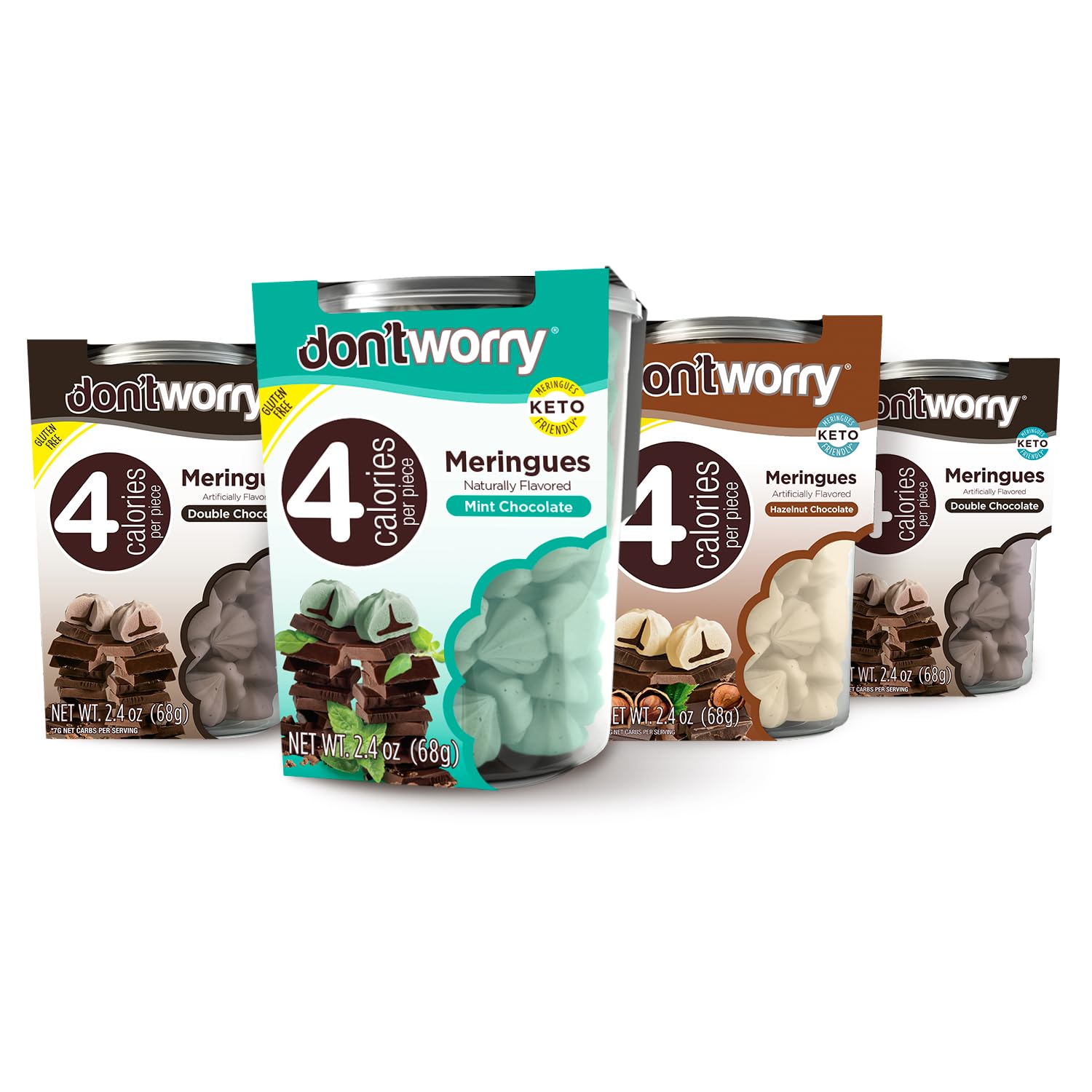 Don't Worry Keto Friendly Meringue Cookies - (2pz Double Chocolate, 1pz Hazelnut & 1pz Mint & Chocolate), Low Carb and Sugar Snacks, Low Calories Snacks for Adults - 4 Pack