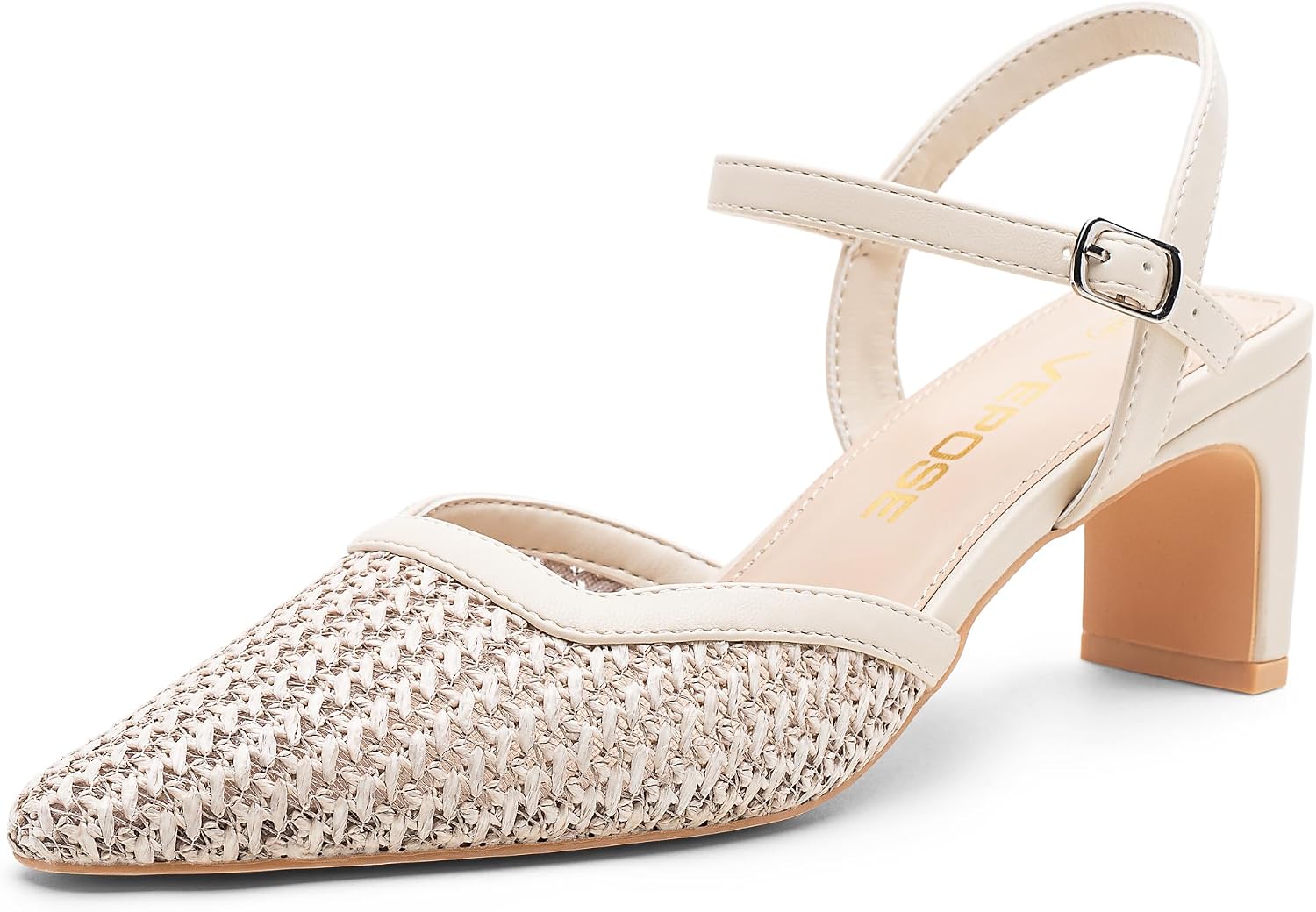 Vepose Women's Dressy Woven Raffia Pumps, Pointed Toe Ankle Strap Heels | Closed Toe Block Chunky 3 Inch Short Heel, Casual Comfy Wedding, Office Work, Party Styling Business Mesh Shoes
