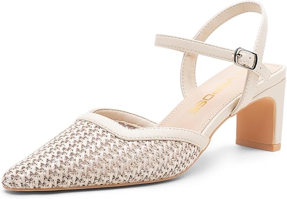 Vepose Women's Dressy Woven Raffia Pumps, Pointed Toe Ankle Strap Heels | Closed Toe Block Chunky 3 Inch Short Heel, Casual Comfy Wedding, Office Work, Party Styling Business Mesh Shoes