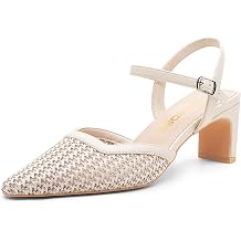 Vepose Women's Mesh Woven Raffia Pointed Toe Pumps, Ankle Strap Closed Toe - Approx 3 Inch Slim Block Heels, Dressy Business Casual Office Wedding Shoes 6107