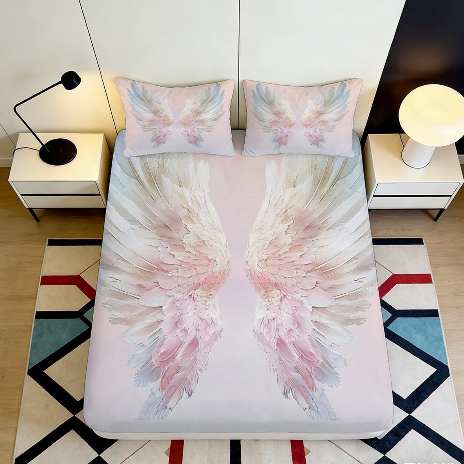 3D Printed Angel Wings Fitted Sheet Microfiber Soft Breathable Pastel Feather Bed Cover for Bedroom Dorm Decor 90x200x25cm