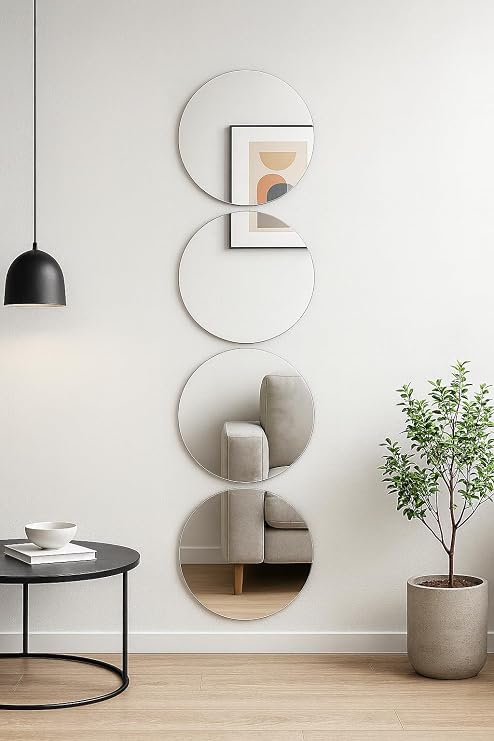 4 Adet Kendinden Yapışkanlı Pleksi Ayna Levha, Kırılmaz Akrilik Duvar Aynası, Dekoratif ve Modern Yapıştırmalı Panel, Hafif Parlak Pleksi Duvar Dekoru, Ev ve Ofis (4, Silver, Yuvarlak 10x10)