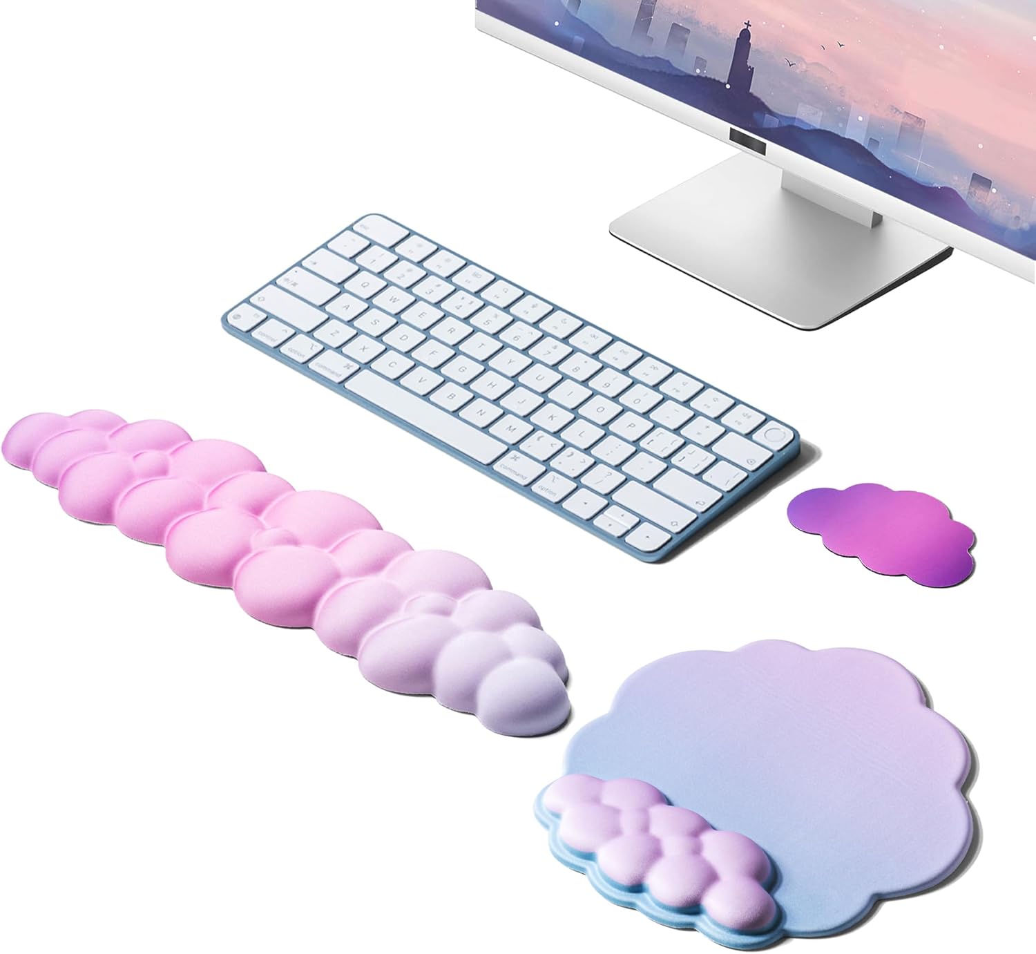 OUEST Cloud Wrist Rest Keyboard and Mouse Pad with Cute Ergonomic Memory Foam Non-Slip PU Base for Computer Mac Laptop Office Gaming-Blue/Pink/Purple