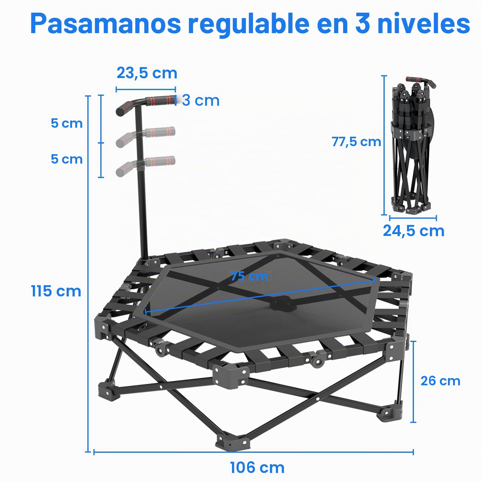 Trampolin de Fitness Plegable, Mini Cama Elastica para Interior 106 cm con Barra Ajustable en 3 Alturas, Estructura en X Extra Resistente Soporte Máximo 275 kg