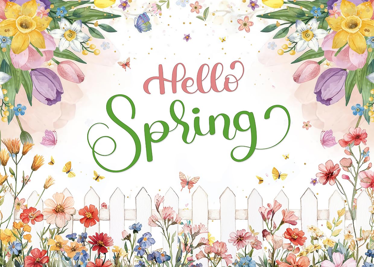 Alltten 7x5FT Hello Spring Backdrop Spring Photo Backdrop Floral Backdrops for Photography Flowers Background F250