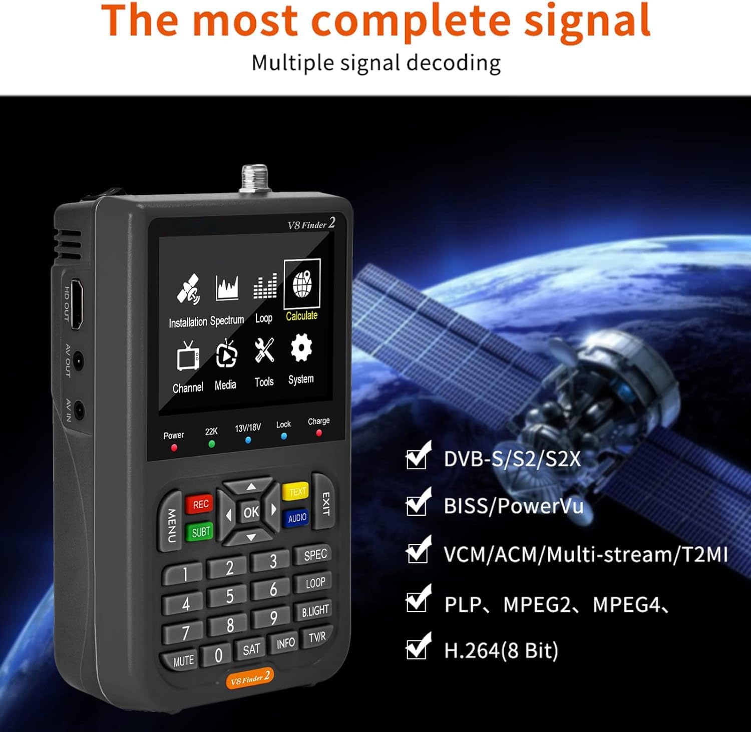 V8 Finder 2 TV Signal Finder Meter, DVB-S/S2/S2X Signal Receiver with 3.5 inch HD Digital Display, H.264 Auto Calculate Angle Built-in 4000mAh Battery for Adjusting Sat Dish