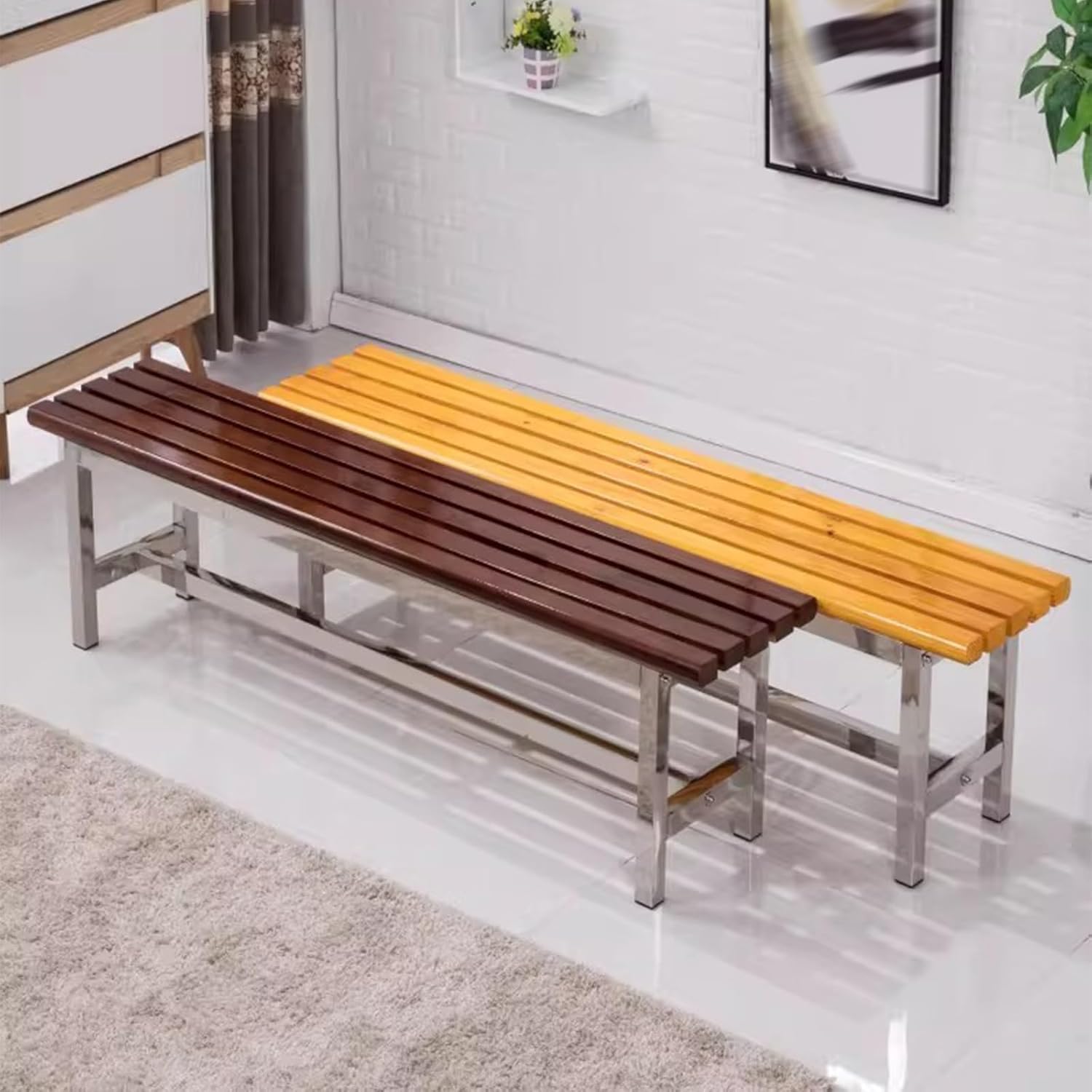 Weatherproof Outdoor Metal Bench - Backless Patio Seating with Solid Wood Slat - Stainless Steel Park Benches for Garden, Porch, Yard (Yellow, 39.37"/100cm)