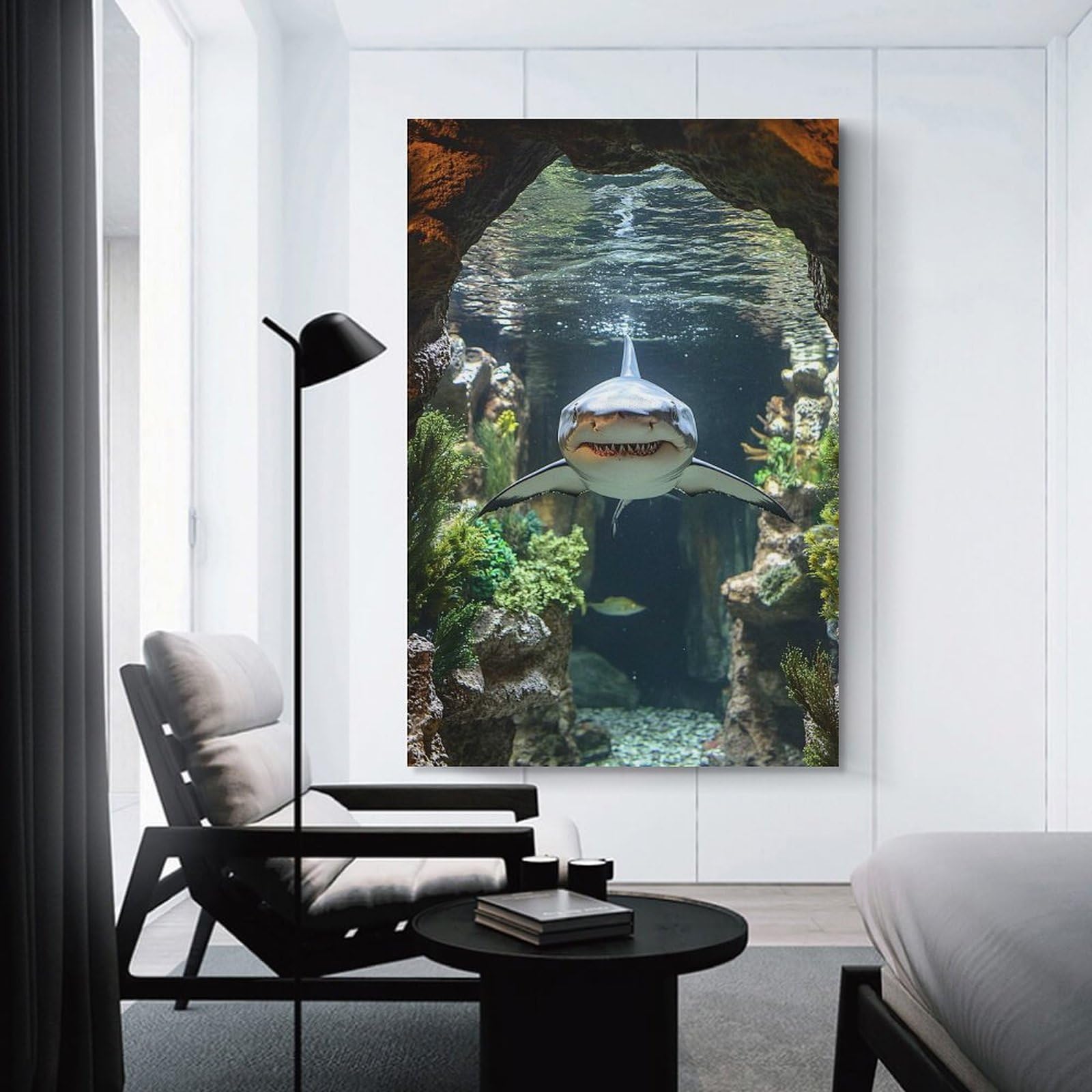 Junmoney Shark Swimming through Underwater Cave Home Decor Wall Art, 24x36inch(60x90cm), for Work Areas, Reading Rooms Or Studios, An Interior Accent for Desk Areas