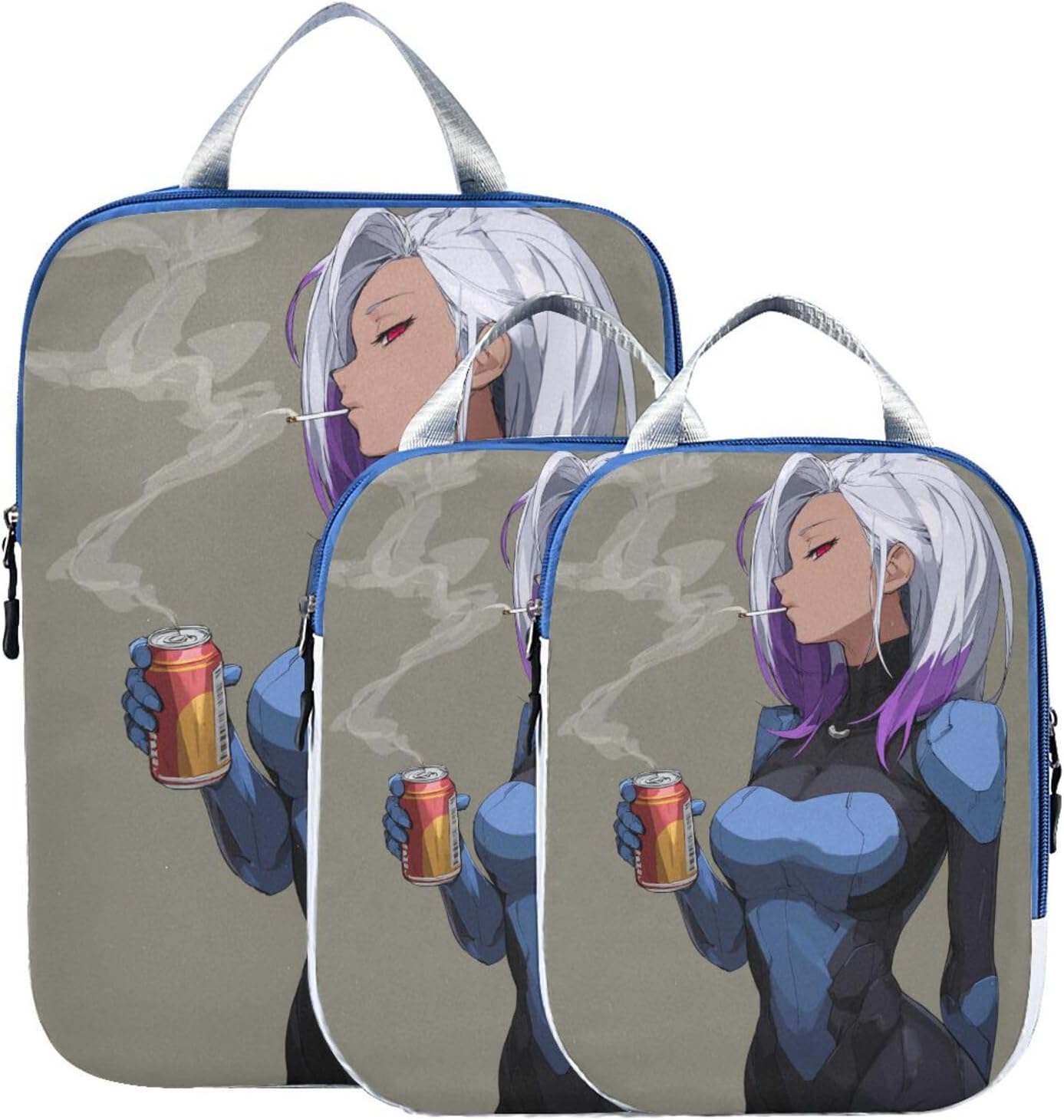 With Zipper 3 Set Packing Travel Organizer 100% durables Polyester Space Saver Travel Bags, Anime Cool Girl (3 Set)