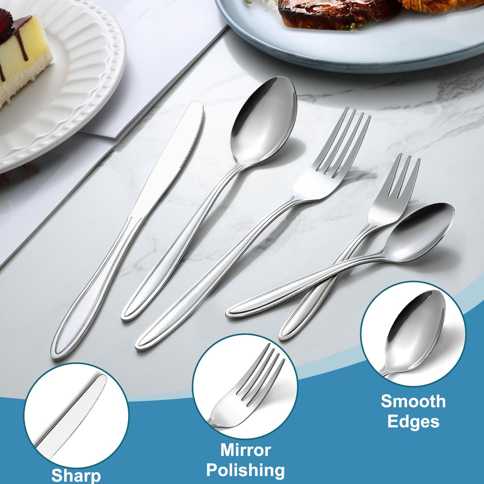 Juego de cubertería de 60 piezas de acero inoxidable para 12 personas, pulido brillante, juego de cubiertos con cuchillo, tenedor, cuchara, apto para lavavajillas