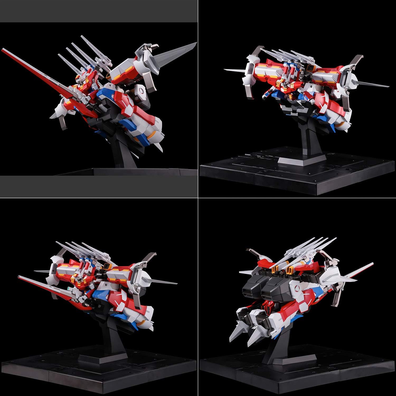 Four different views of the R-3 Powered figure in flight mode on its display stand.