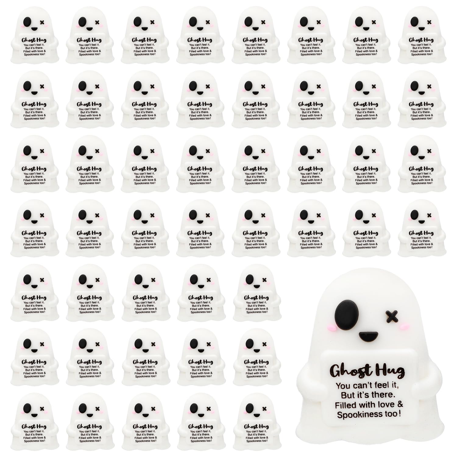 48pcs Mini Resin Positive Ghosts, PVC Cute Small Ghosts Statues Figurines with Printed Slogan Funny Tiny Support Toys Suitable for Home Office Halloween Party Decoration
