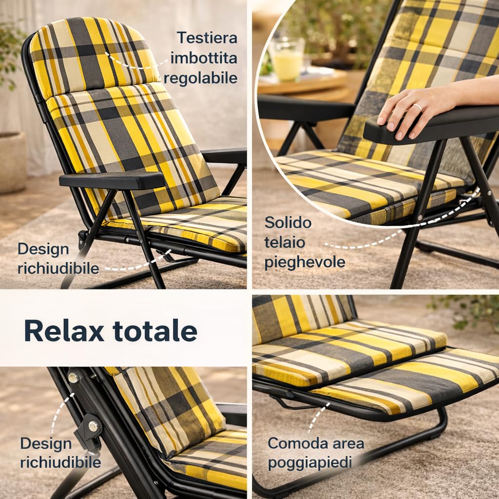 MA MAISON Sdraio Reclinabile Imbottita 166X60X63 cm - 6 Posizioni, con Prolunga Estraibile, Braccioli Ergonomici, Struttura in Acciaio, per Interno, Esterno - Made in Italy RIGHE GIALLO