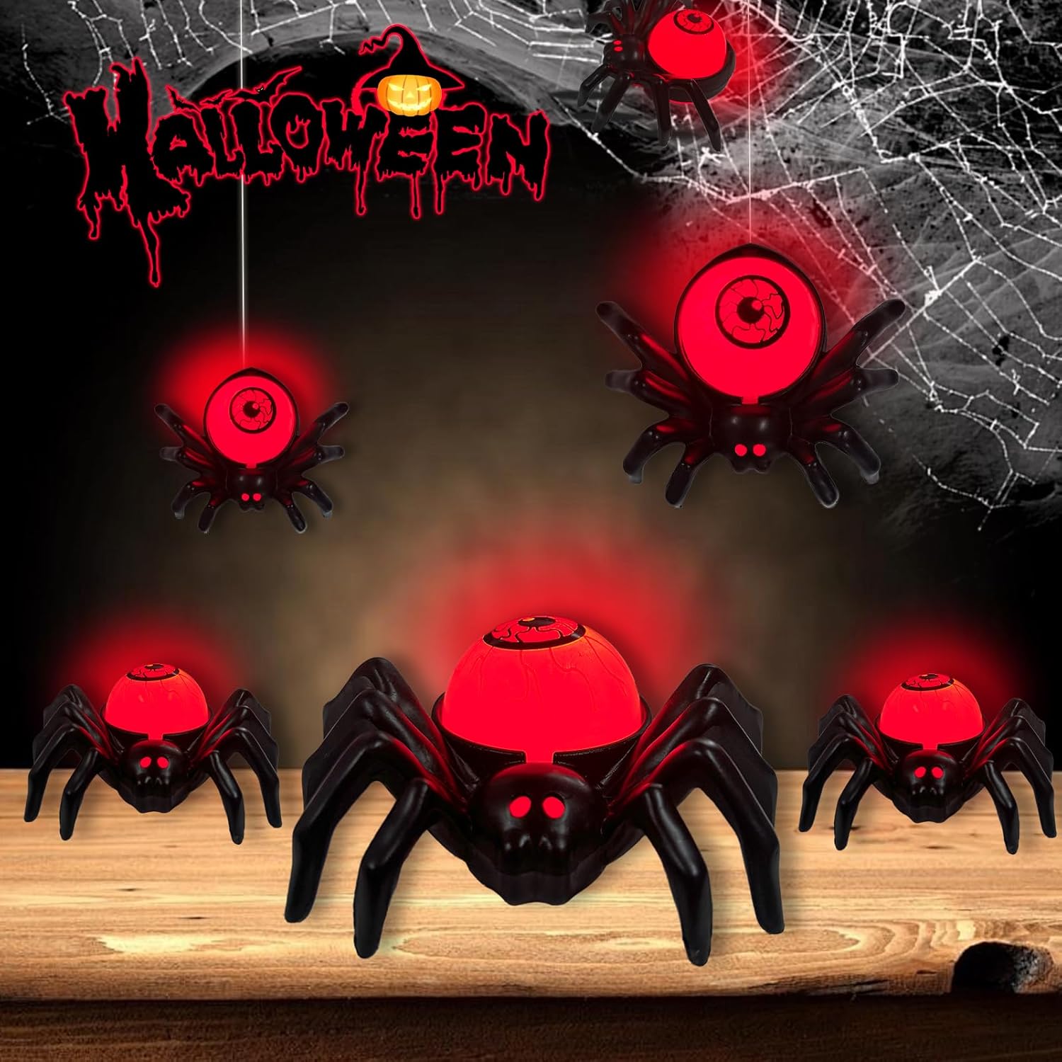 6 PCS Halloween Spider Eyeballs Lights, LED Spider Tea Lights, Bloodshot Flameless Black Gothic Scary Battery Operated for Haunted House Yard Fireplace Party Red