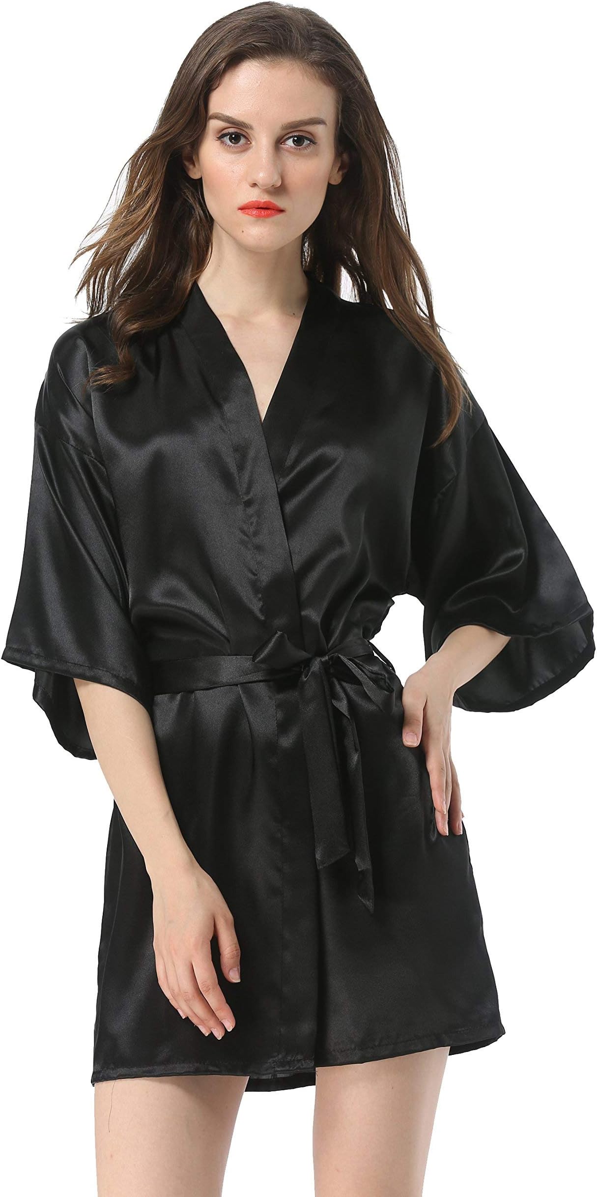 Women's Satin Plain Short Kimono Robe Bathrobe