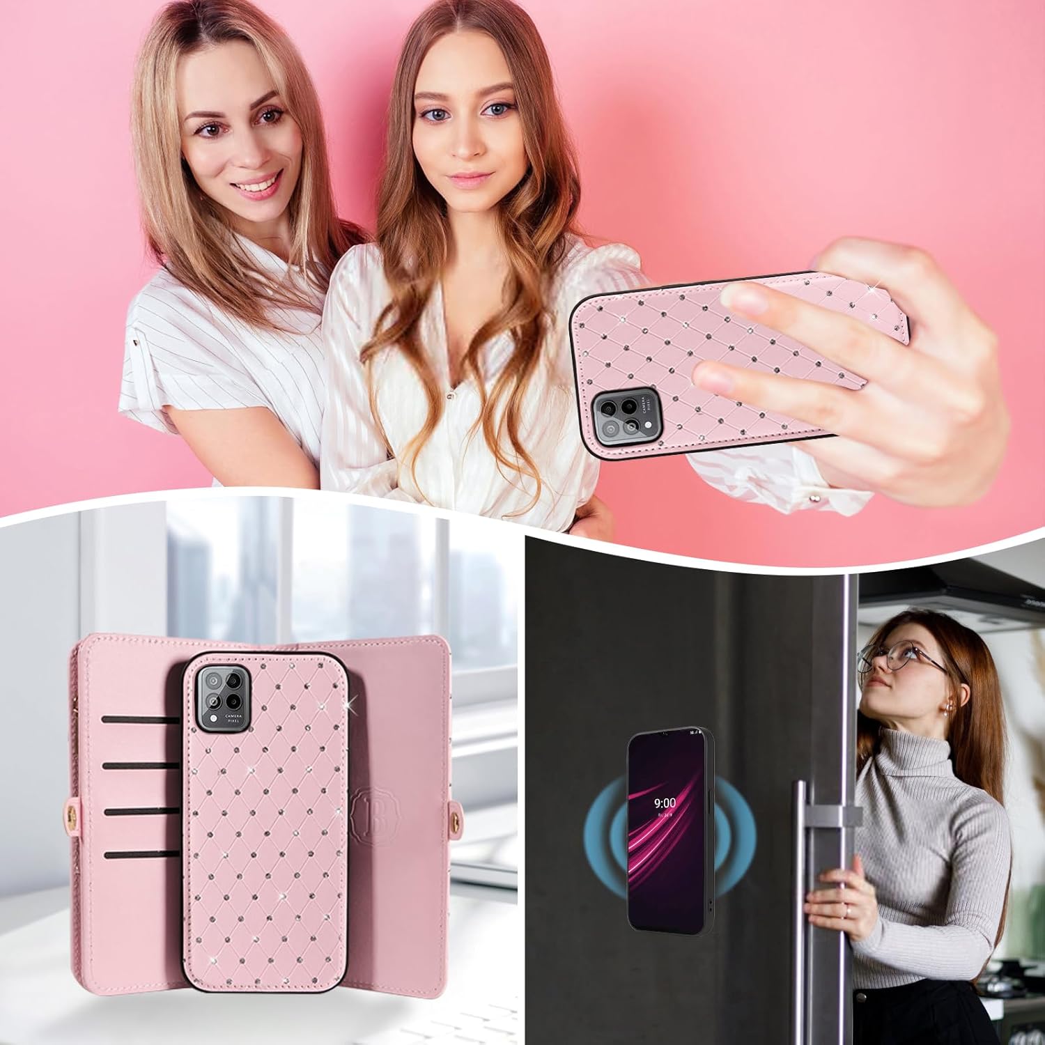 Asuwish Phone Case for T-Mobile Revvl 6 Pro/6X Pro 5G Zipper Wallet Cell Cover with Screen Protector Strap Glitter Flip Card Holder Slot Tmobile Revel X Tmo Revell T Mobile Rebel TCL Women Girls Pink