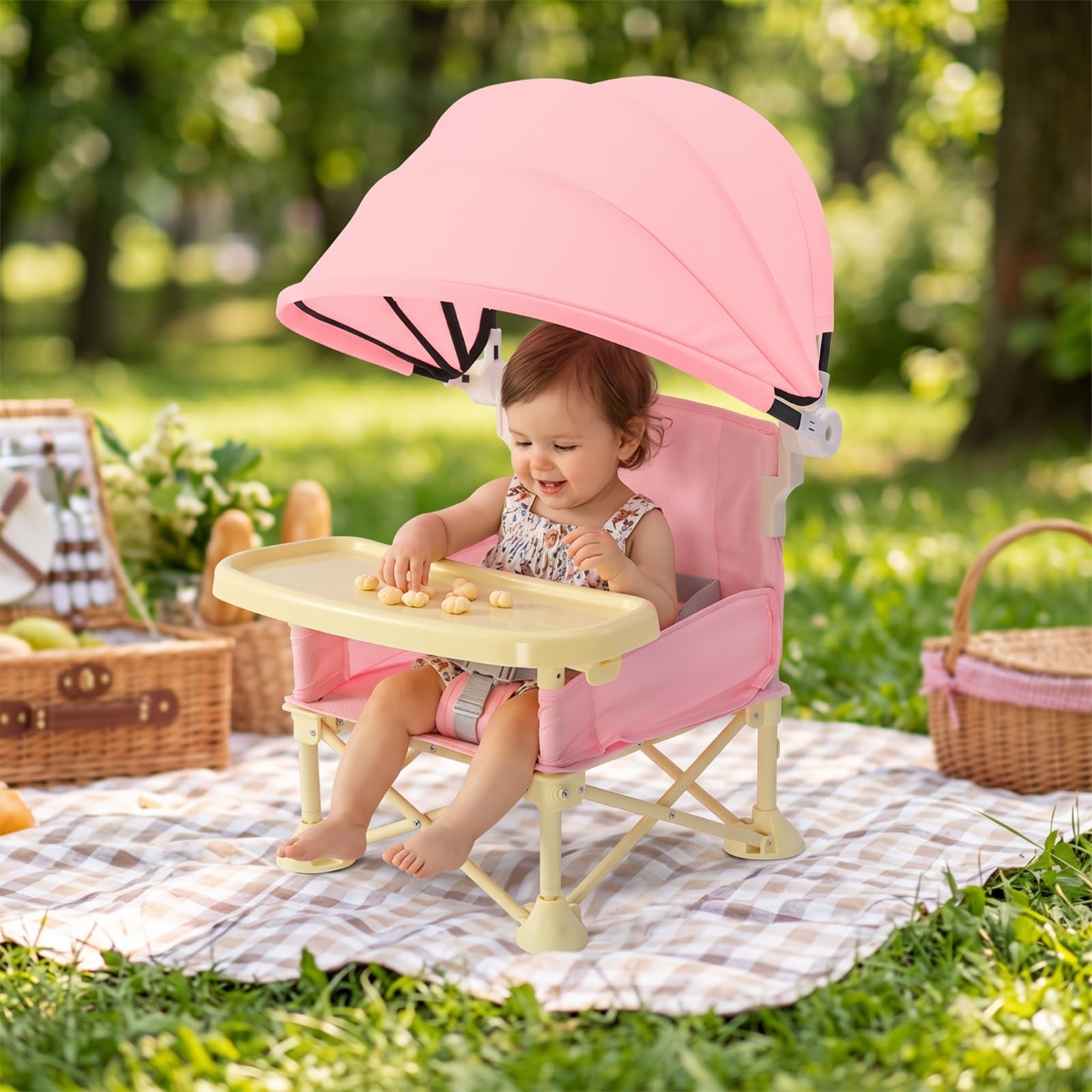 Chaise Haute Pliante Pliable Chaise Haute avec Plateau Amovible Ajustable Siège Table avec Plateau pour Bébés, Repas, Array, Gris Avancé, Support En Acier À Haute Teneur En Carbone